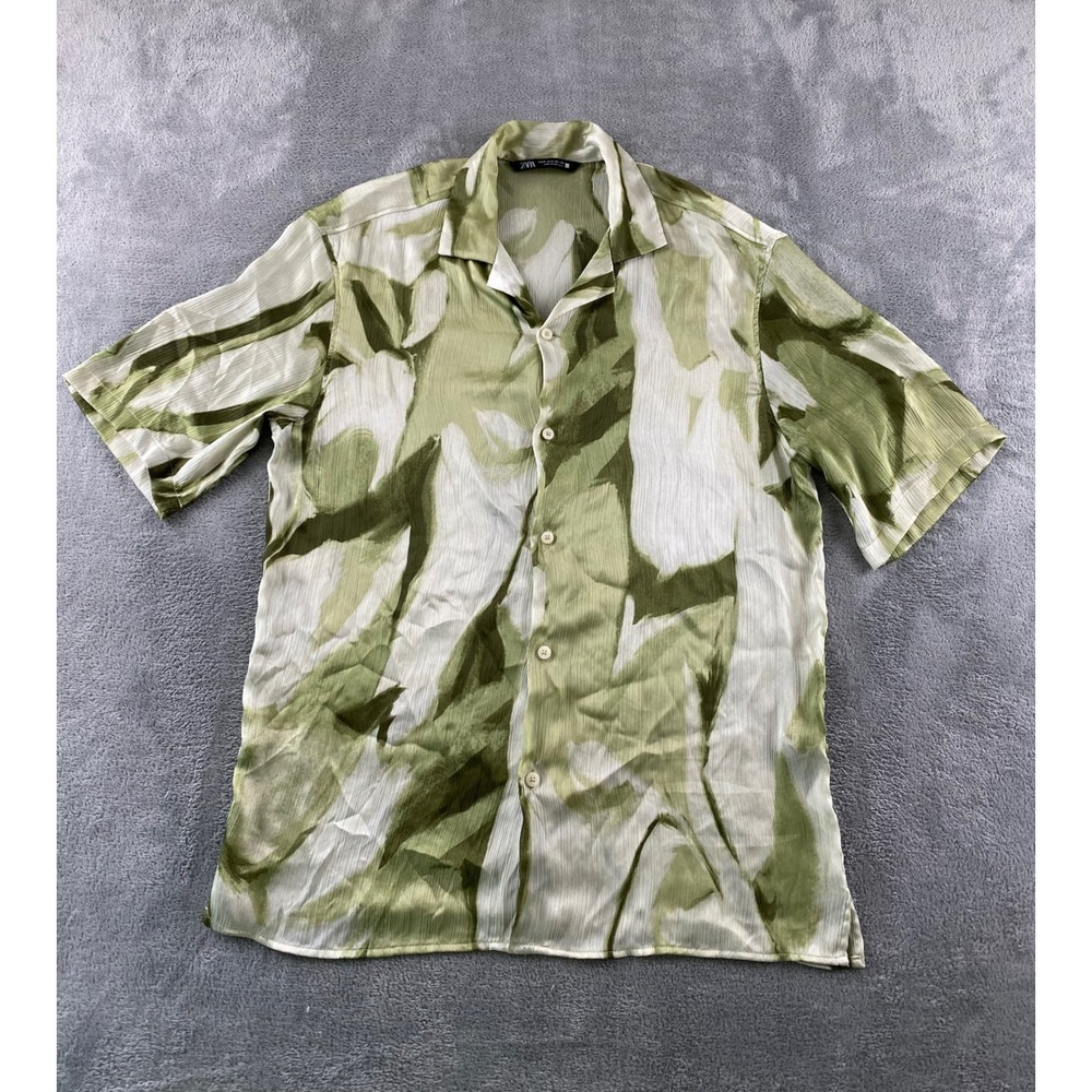 Zara Womens Green Abstract Leaf Print Crinkle Short Sleeve Button Up Shirt M